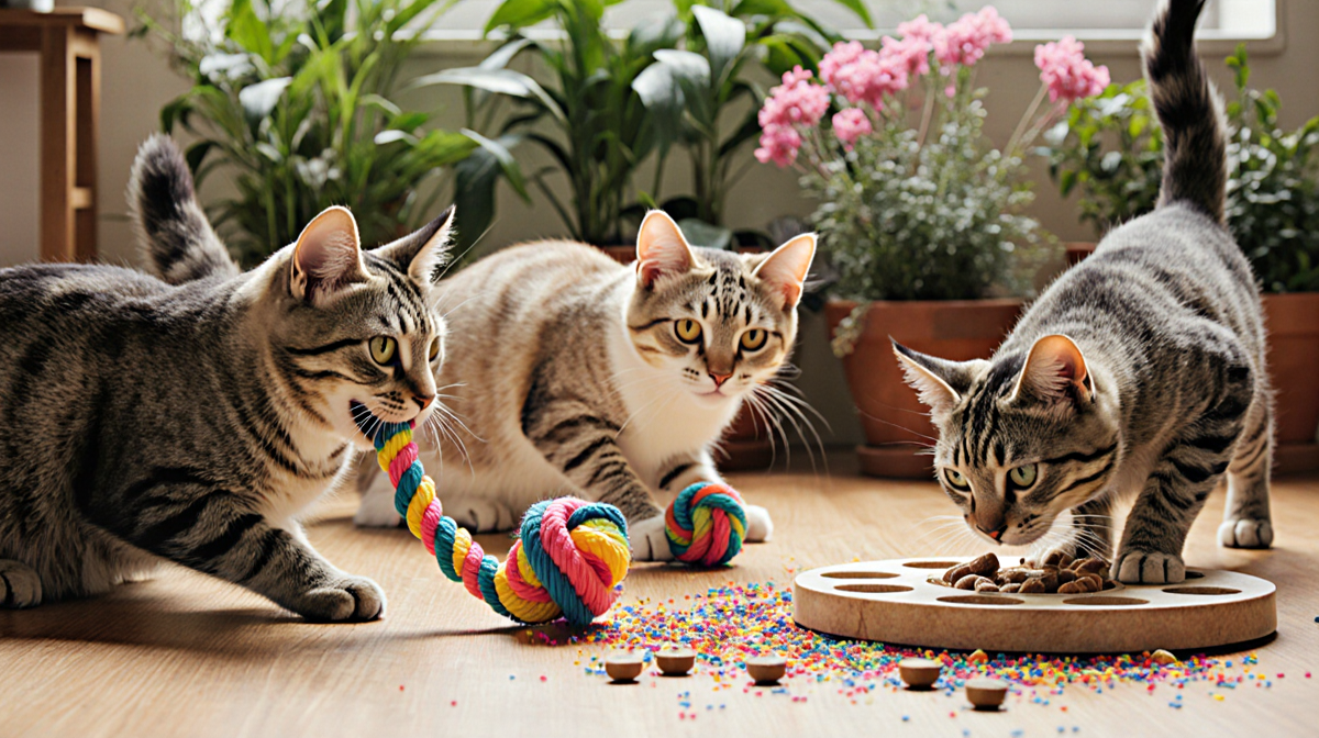 Three cats chewing and pouncing on chew toys with a lush indoor garden backdrop
