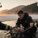Hiker being pulled from icy water by rescuers with sunset orange glow over misty Catskill Mountains.