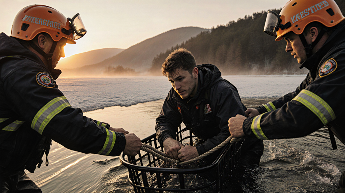 Hiker being pulled from icy water by rescuers with sunset orange glow over misty Catskill Mountains.