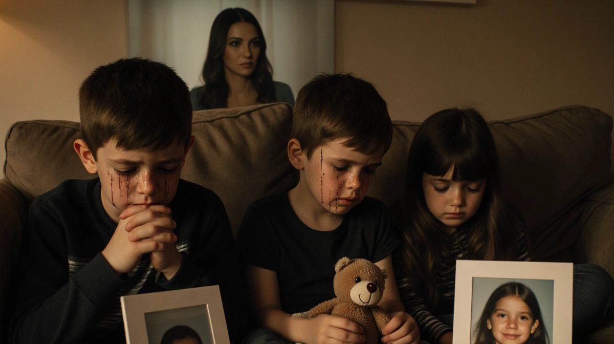 Camden Jaxon and Saylor crying together with photos of Kona and stuffed animal while Kristin watches from background