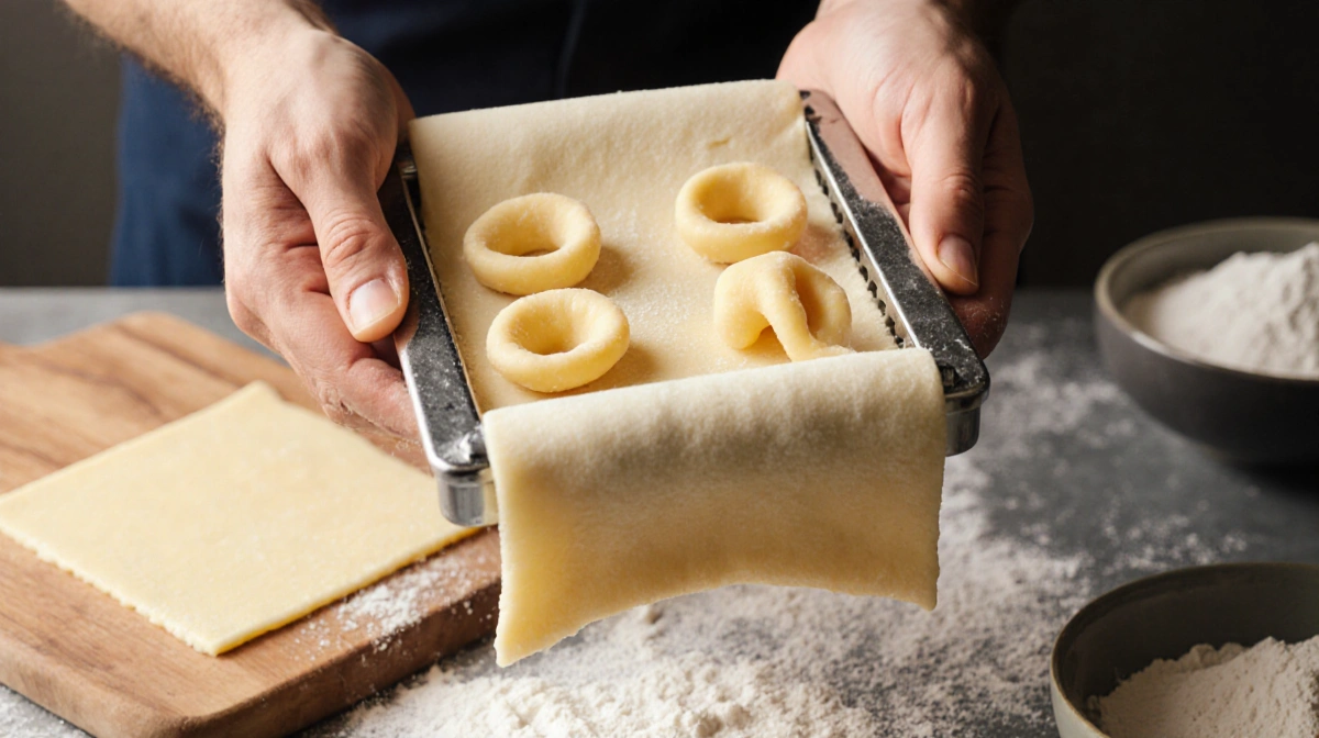 Brooks presses fresh pasta dough into a wooden cavatelli mold with flour bowl and cutting board behind