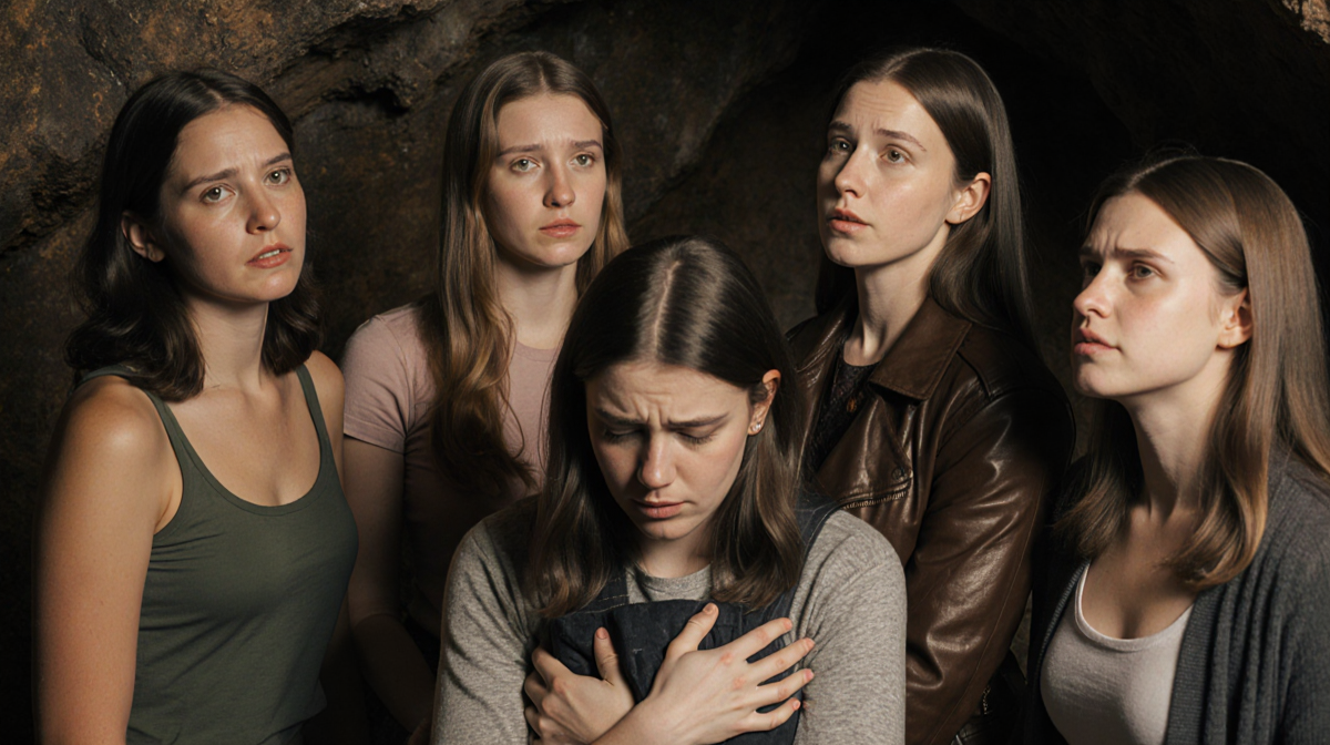 Sarah carrying a heavy emotional burden with friends Juno Beth Holly and June gathered close in a dim cave