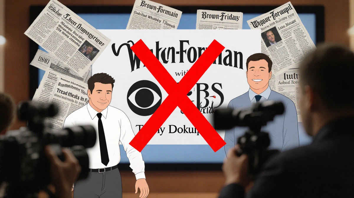 Two figures reject canceled whiskey show with red X through title card and newspaper headlines visible