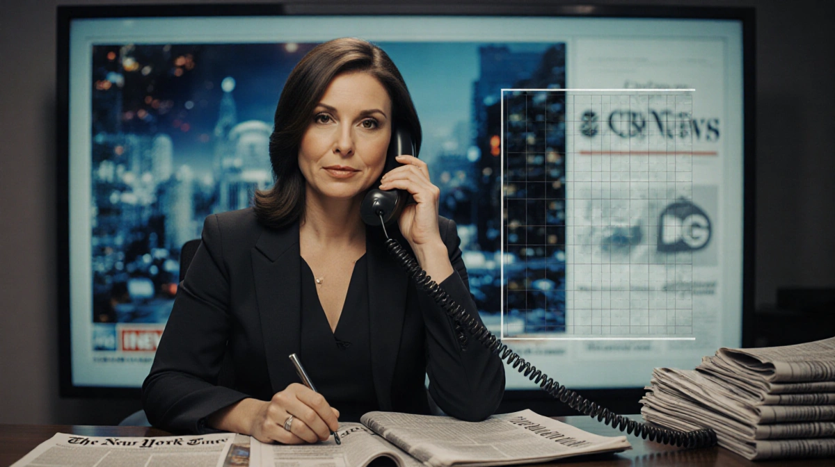 Network spokesperson speaking to camera with CBS News broadcast and newspapers on desk