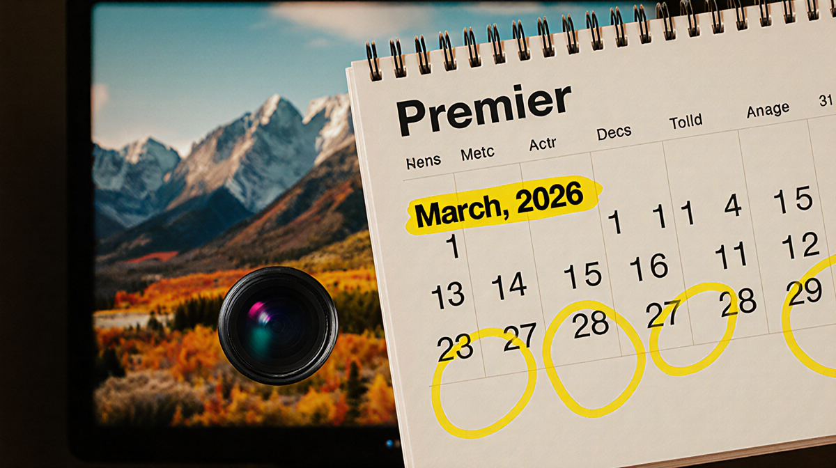 Calendar page marking March 1 2026 premiere highlighted in yellow with Montana mountains in background and screen image.