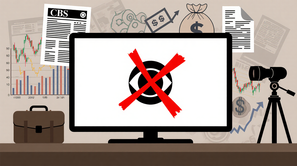 Television screen showing CBS logo with red X and financial charts with money bags in muted newsroom background