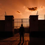 Lone migrant stands before El Salvador prison gates with barbed wire and orange dusk sky