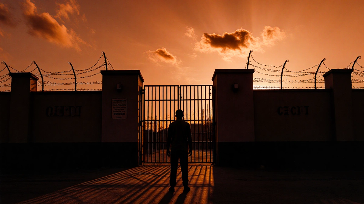 Lone migrant stands before El Salvador prison gates with barbed wire and orange dusk sky