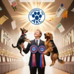 Handler holding up a Teddy Roosevelt terrier with ribbon‑dressed dogs and trophies in a kennel hall featuring the AKC logo