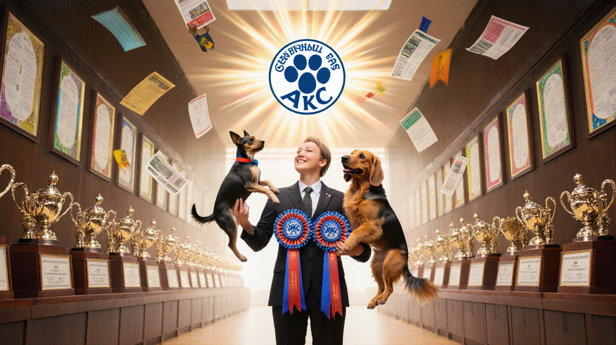 Handler holding up a Teddy Roosevelt terrier with ribbon‑dressed dogs and trophies in a kennel hall featuring the AKC logo