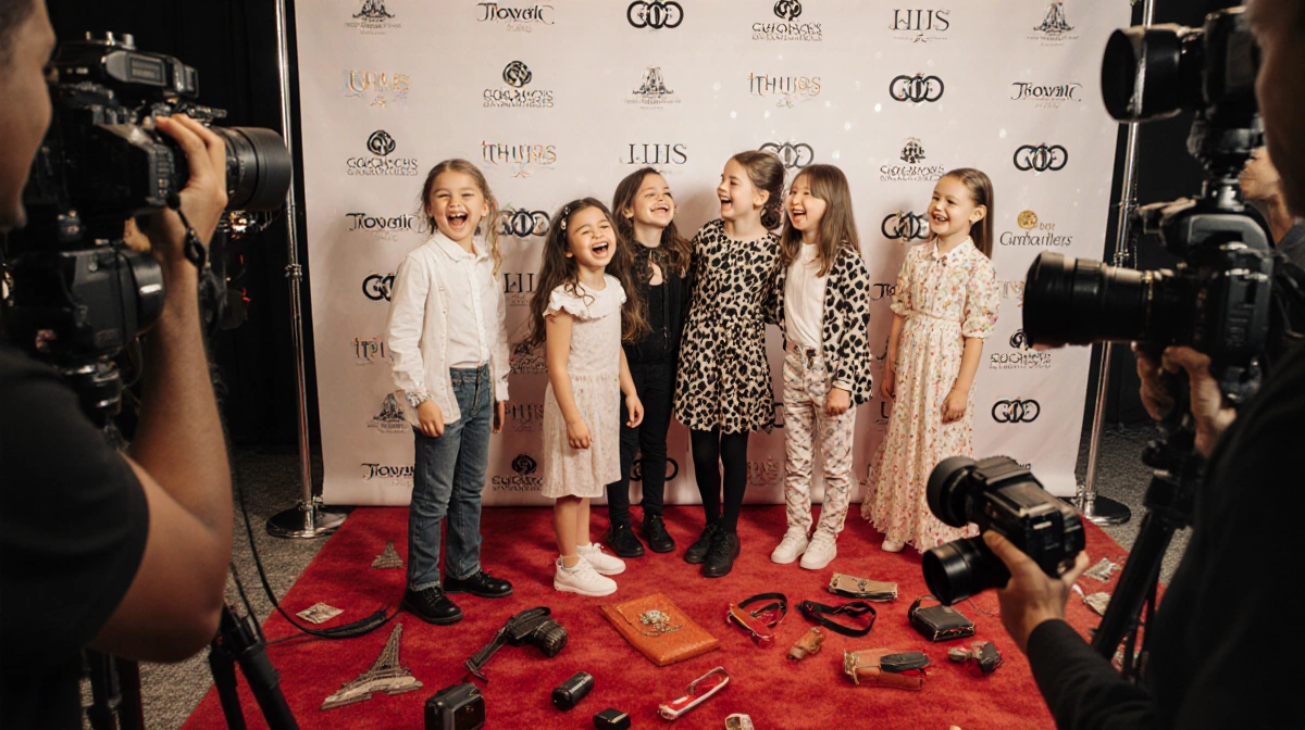 Celebrity kids laughing and posing on red carpet with paparazzi cameras and designer bags scattered in front