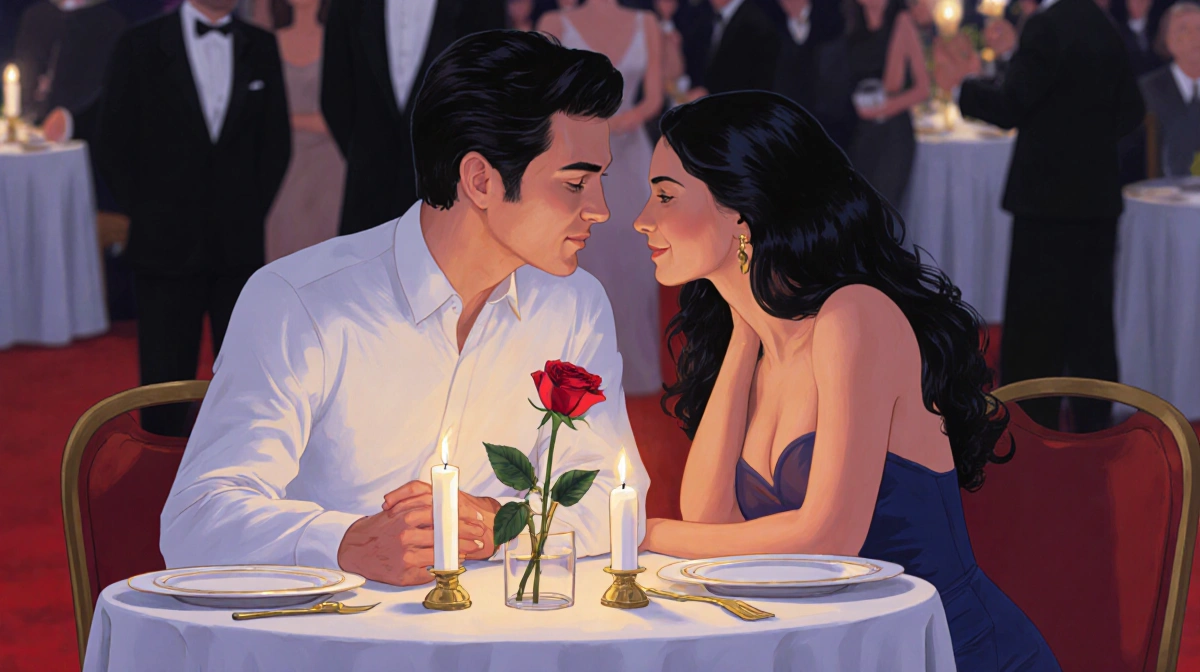 Celebrity couple sharing romantic dinner at candlelit table with rose and gold accents on red carpet