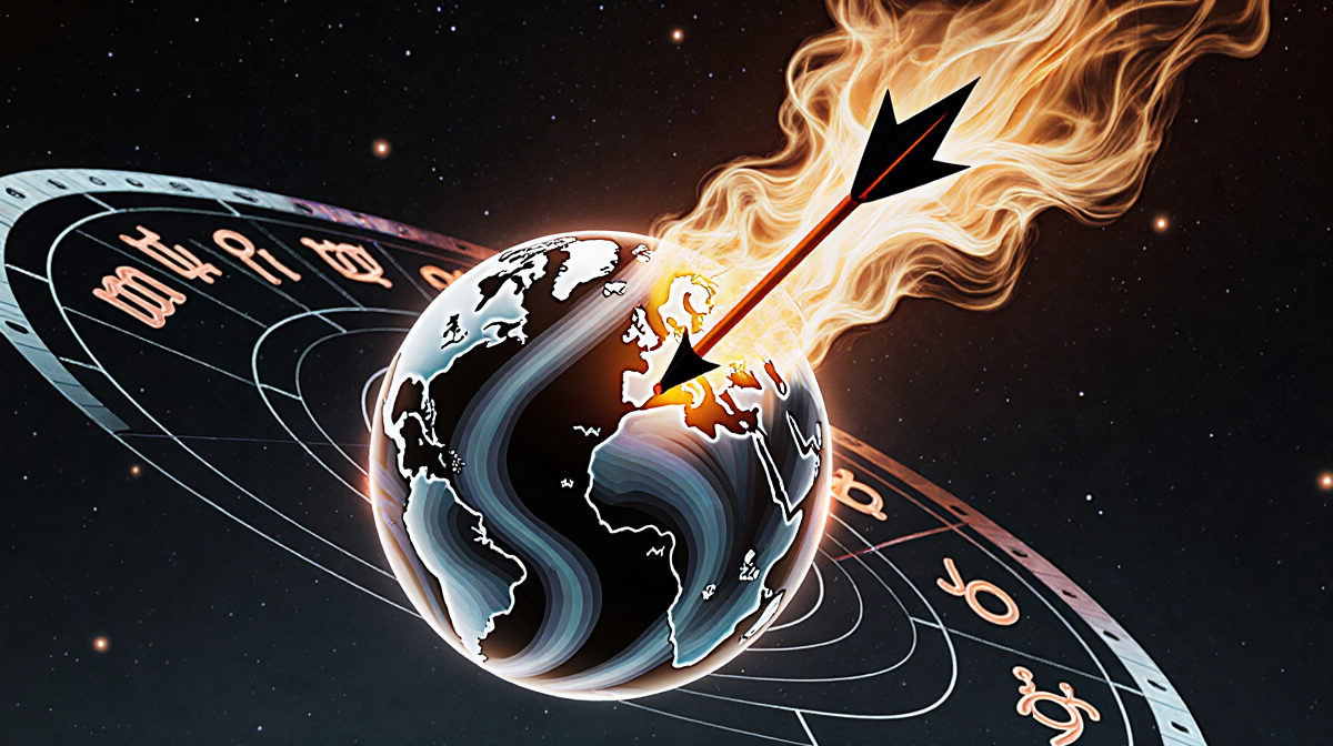 Fiery arrow pierces celestial globe with swirling Aries pattern and metallic neon accents