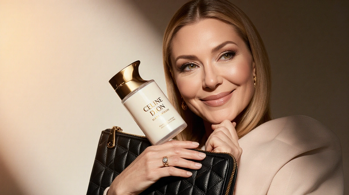 Celine Dion holding luxury hand cream with elegant packaging showing creamy texture and designer purse