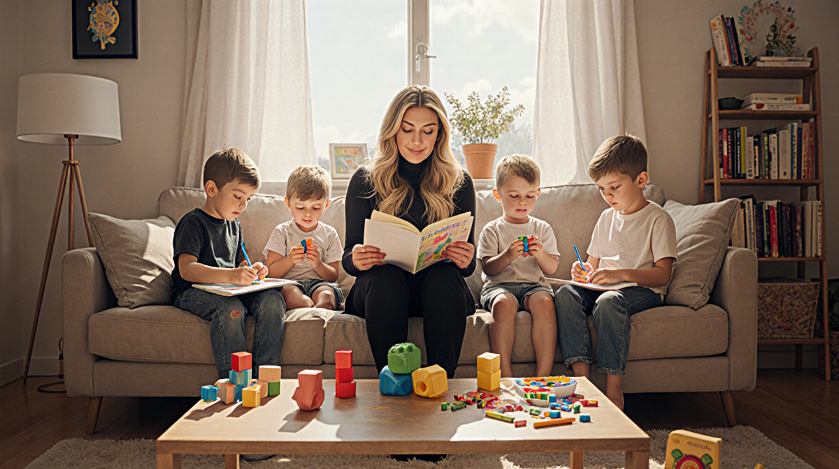 Céline Dion sits on a cozy couch with her family drawing nearby in a warm living room