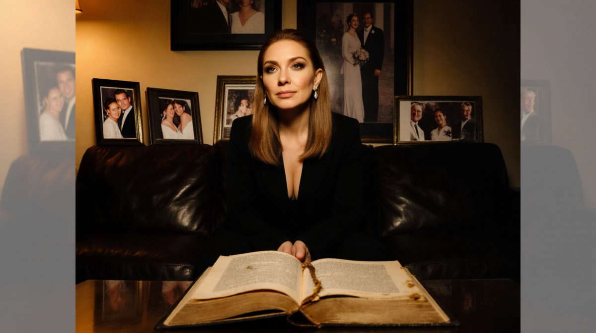 Celine Dion sits alone with framed photos of René Angélil and worn book showing nostalgic memories
