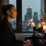 Céline Dion playing piano with candles and flowers showing reflection of René Angélil in window