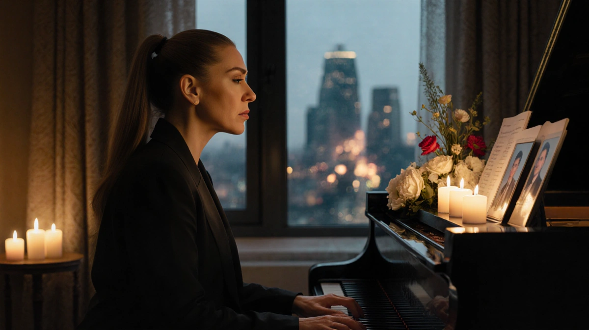 Céline Dion playing piano with candles and flowers showing reflection of René Angélil in window