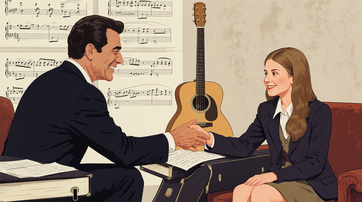 Young Céline Dion meeting René Angélil with guitar case and music sheets showing their first encounter