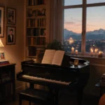 Cozy library room glows with candlelight and family photos with vintage piano and Canadian Rockies sunset through window