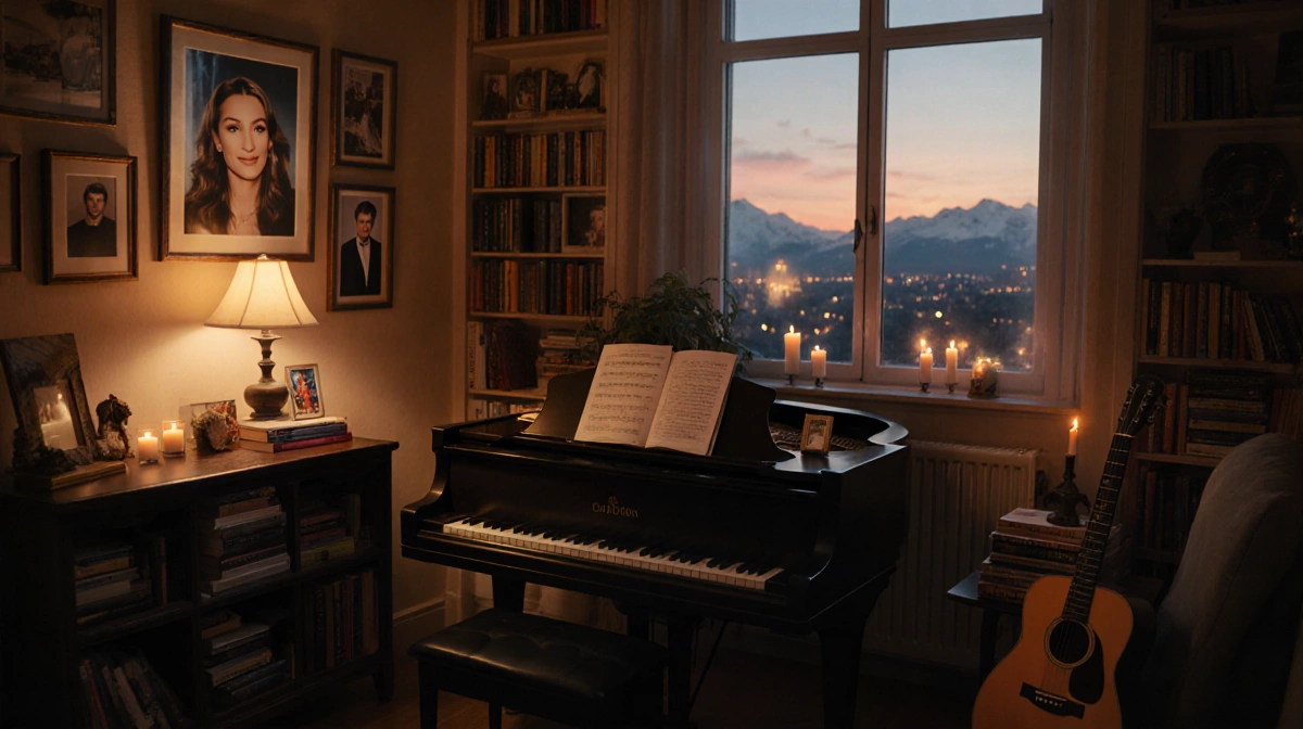 Cozy library room glows with candlelight and family photos with vintage piano and Canadian Rockies sunset through window