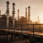 Worker stands on metal catwalk gazing at oil refinery with golden sunset lighting and towering smokestacks
