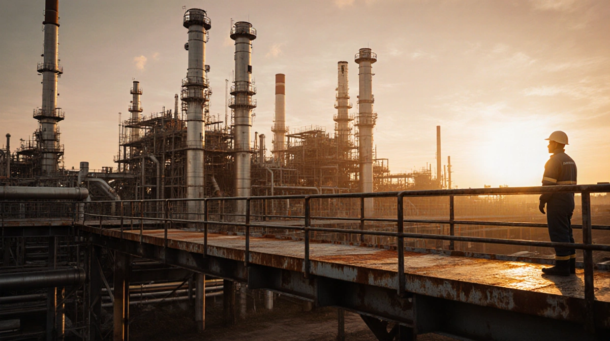 Worker stands on metal catwalk gazing at oil refinery with golden sunset lighting and towering smokestacks
