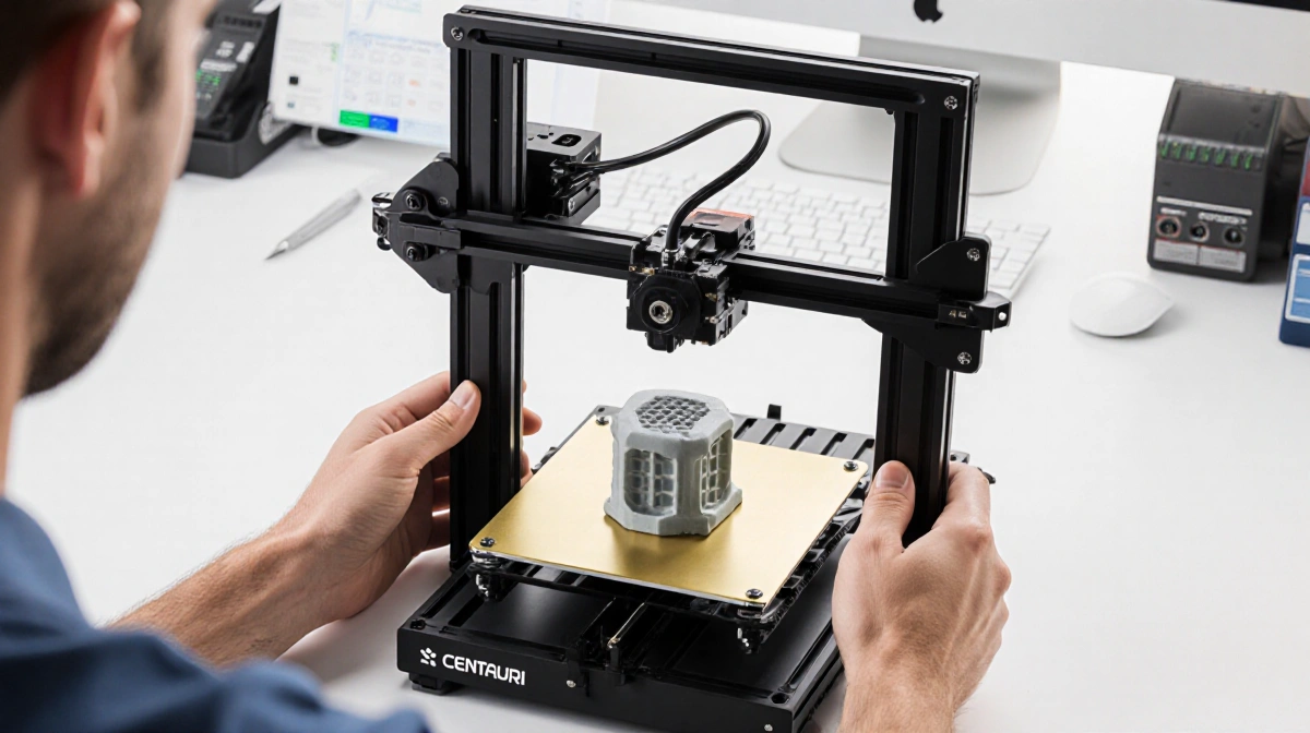 James Bricknell holds the Centauri Carbon 3D printer with a clean print job showing on the build plate and testing setup visi