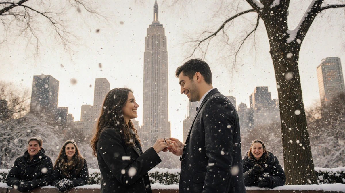 Sydney Segal and Anthony Dal share joyful marriage proposal in Central Park with friends watching and Manhattan skyline behin