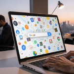 Laptop screen showing AI search vortex with colorful icons and code in modern workspace