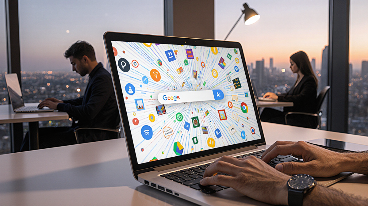 Laptop screen showing AI search vortex with colorful icons and code in modern workspace