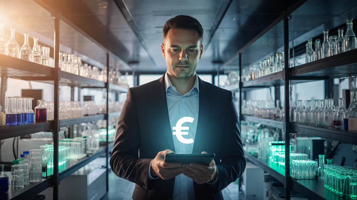 CEO holding tablet with stock ticker stands confidently in modern biotech lab with glowing test tubes and equipment