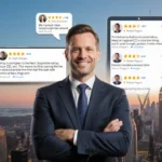 Confident CEO stands with arms crossed and phone showing positive reviews with city sunset behind