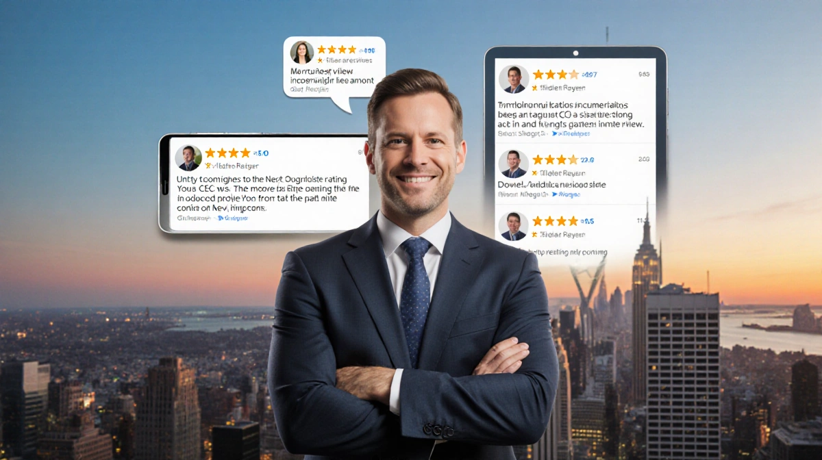 Confident CEO stands with arms crossed and phone showing positive reviews with city sunset behind