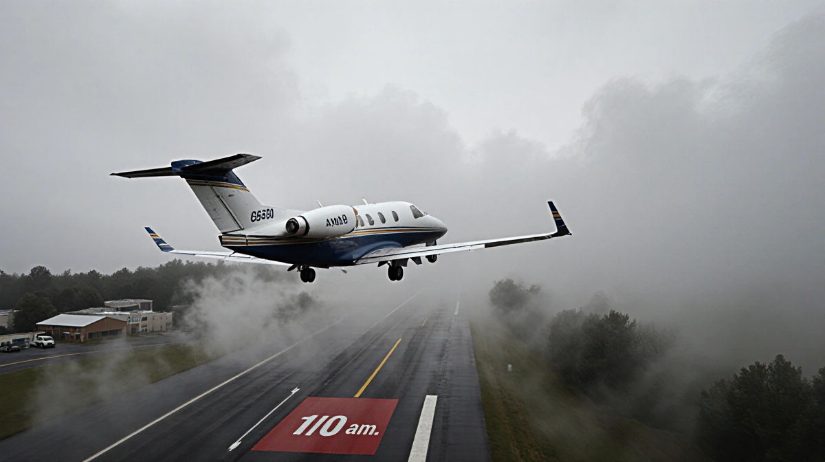 Cessna Citation 550 flying through storm clouds with fog swirling around runway and airport buildings visible below