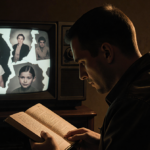Chad Franke sits reading a worn diary with a dim TV showing a fading photo of Ruby in the background