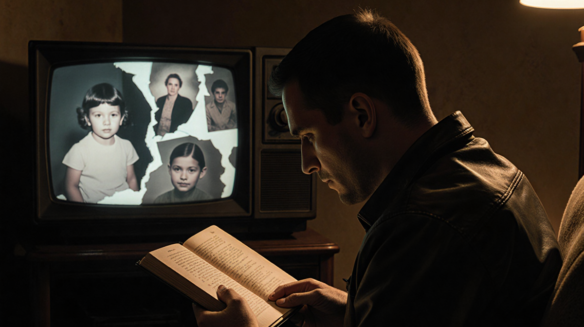 Chad Franke sits reading a worn diary with a dim TV showing a fading photo of Ruby in the background