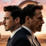 Timothée Chalamet and Robert Downey Jr face swap with Dune stillsuit and Iron Man suit standing on desert with sandworm silho