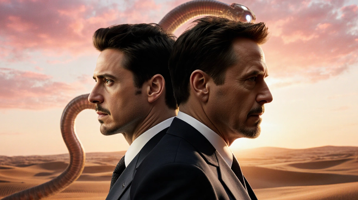 Timothée Chalamet and Robert Downey Jr face swap with Dune stillsuit and Iron Man suit standing on desert with sandworm silho