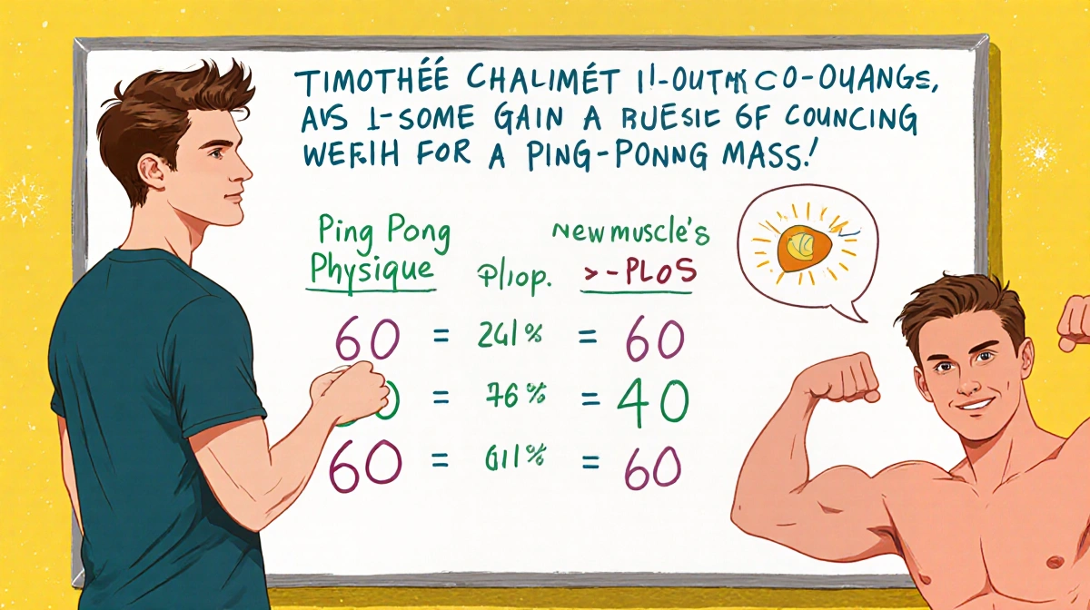 Timothée Chalamet flexing muscles at whiteboard with Ping Pong Physique calculations and comedic annotations