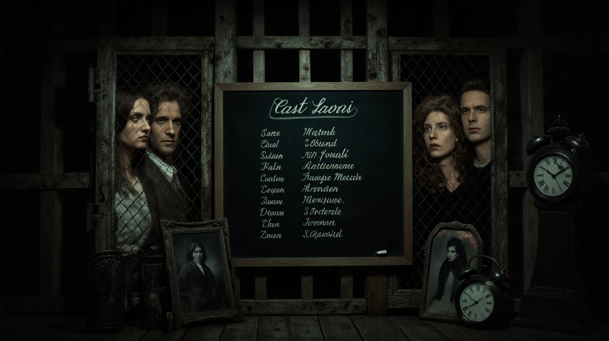 Dimly lit chalkboard lists cast names with shadowy faces visible through wooden lattice and antique clocks adding eerie horro