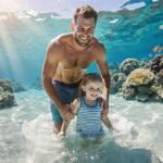 Chandler Powell standing beside his daughter Grace with arms wrapped around her in waves at the Great Barrier Reef.