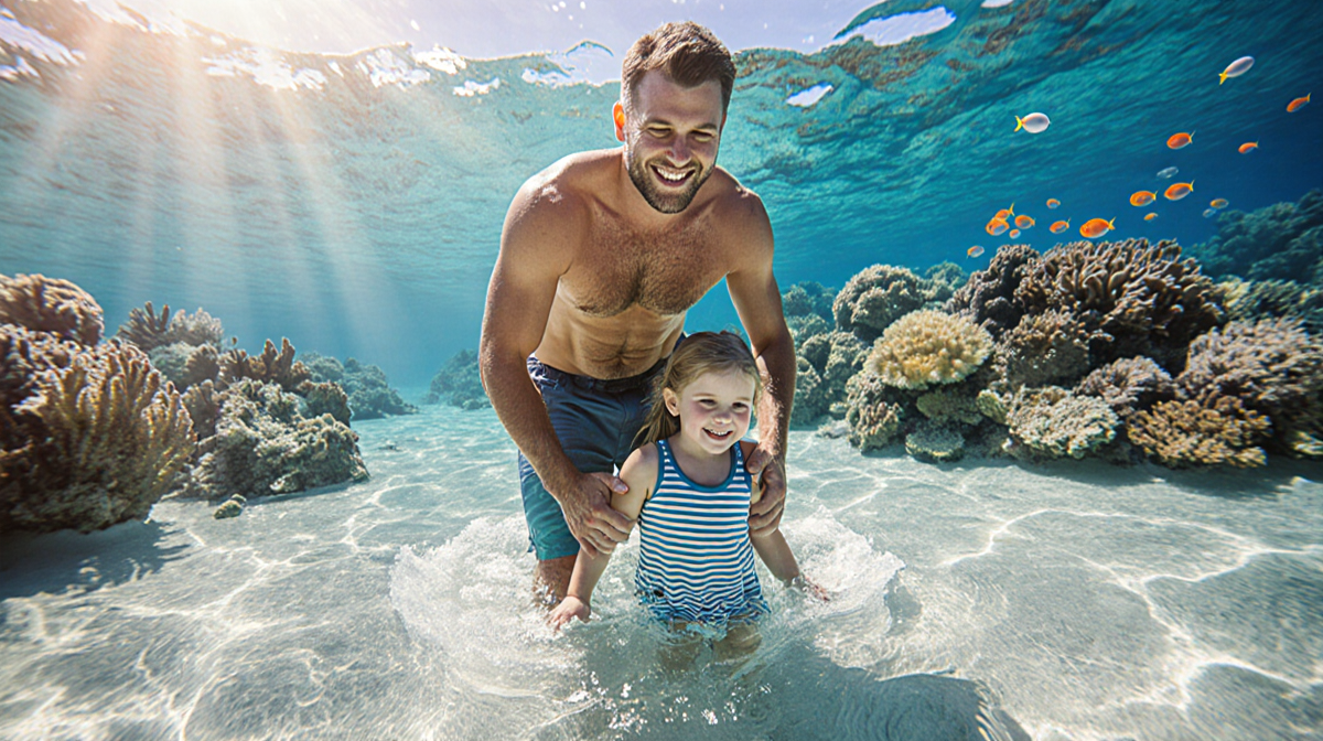 Chandler Powell standing beside his daughter Grace with arms wrapped around her in waves at the Great Barrier Reef.