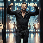 Channing Tatum stepping onto Broadway stage with confident smile and raised arms near flashing Magic Mike Live set