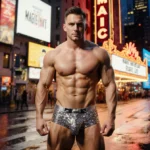 Channing Tatum poses at Times Square venue entrance with glittering Magic Mike Live marquee and neon-lit skyline