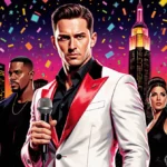 Channing Tatum performing with microphone in Magic Mike costume with neon New York skyline and celebrity silhouettes