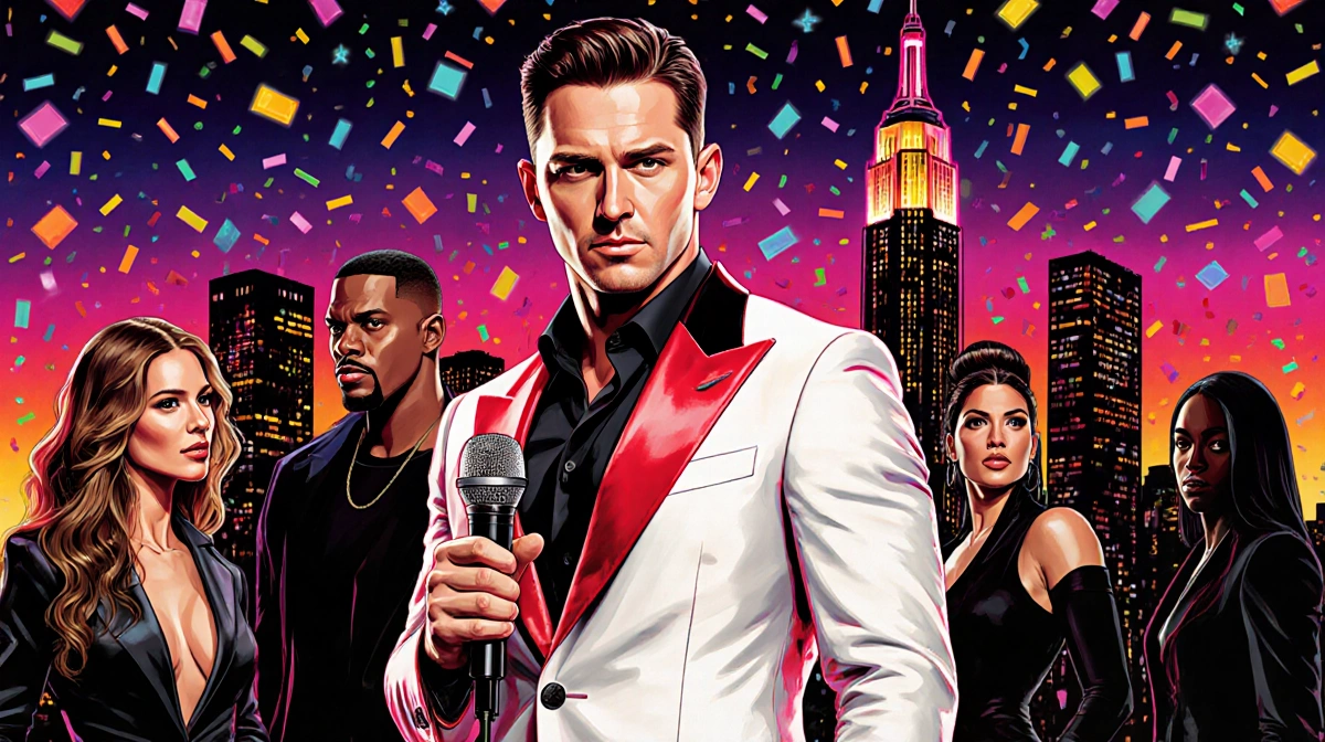 Channing Tatum performing with microphone in Magic Mike costume with neon New York skyline and celebrity silhouettes