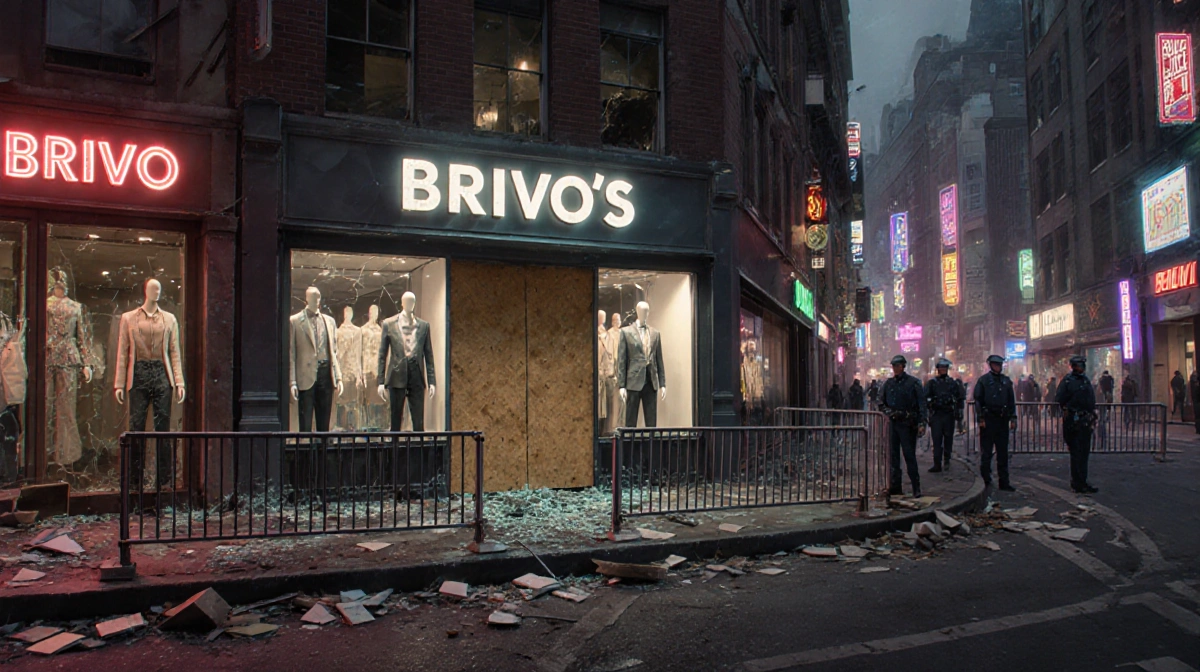 Chaotic fashion street shows broken storefront windows with neon lights flickering and debris scattered across the ground