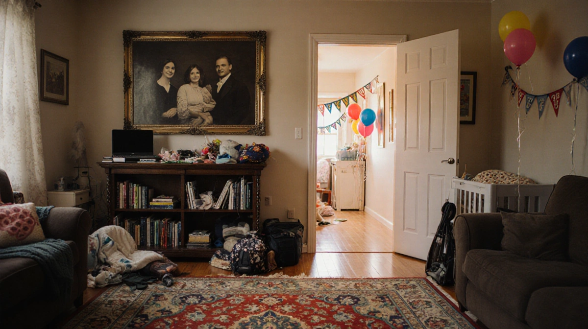 Door opens revealing hallway of balloons and Welcome Home banners in a warm chaotic living room