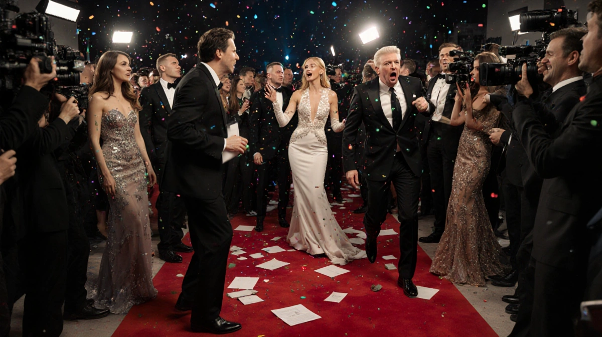 Celebrities in disarray on red carpet with flashing cameras and scattered accessories showing chaos